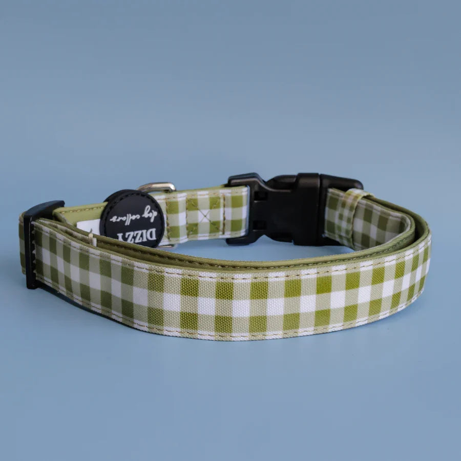 Olive Gingham Canvas & Neoprene Dog Collar