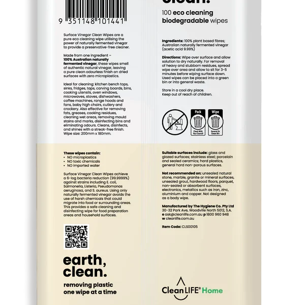 Cleanlife Vinegar Clean Surface Wipes 100pk